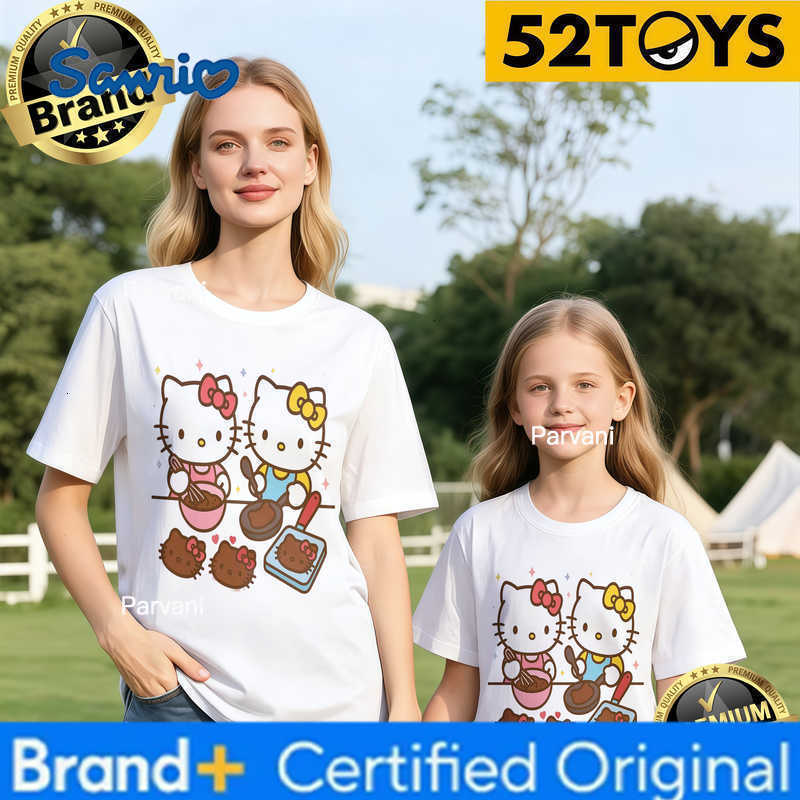Sanrio 2026 Autumn-Winter Trending Hello Kitty Baking Print 100 Cotton Parent-Child T-Shirts High Quality Loose Casual Breathable H260302