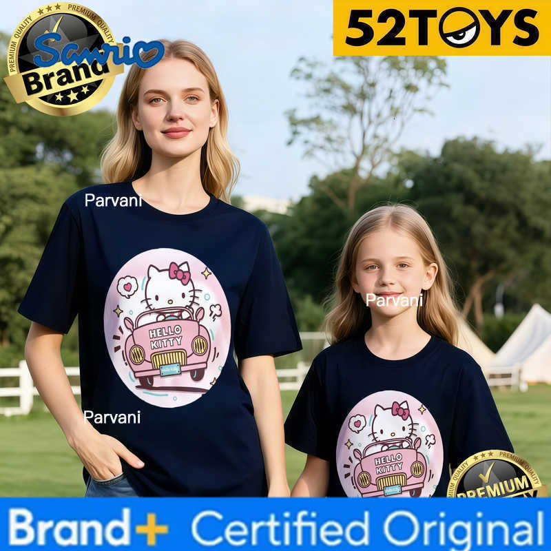 Sanrio 2026 Autumn-Winter Trending Hello Kitty Pink Car Print 100 Cotton Parent-Child T-Shirts High Quality Loose Casual Breathable H260302