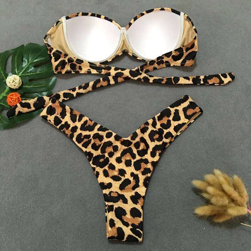 Sexy Leopard Bikini 2023 Push Up Bandeau Swimsuit Female Swimwear Women Thong Bikinis Set Bather Beachwear Bathing Suit Pool Z260301