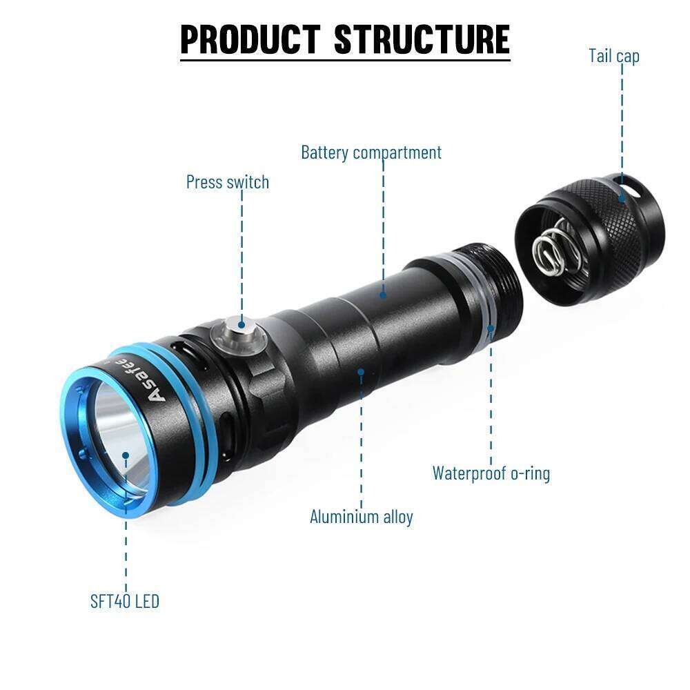 Asafee DT100 SFT40 LED Diving Flashlight 2000LM Power Light 50M Underwater IPX8 Waterproof Dive Spearfishing Lamp Scuba Torch Z260301