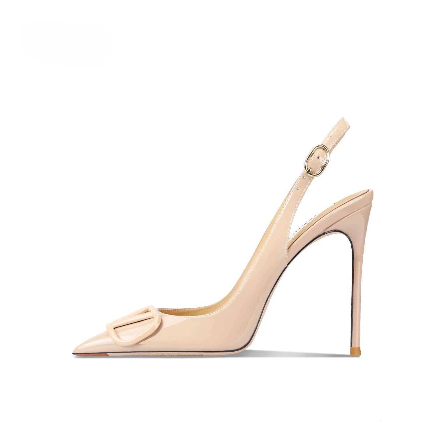 Apricot colored patent leather button sandals for womens fashion new pointed thin heel professional OL commuting high heels K260302