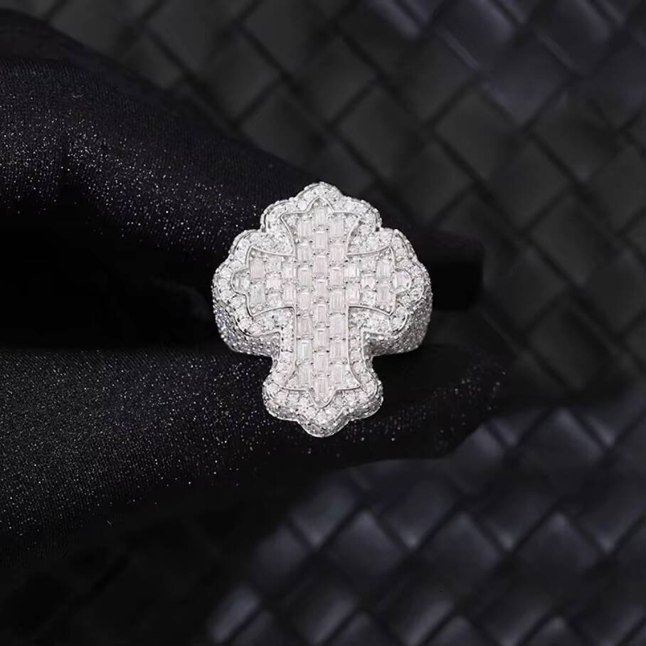 Full Ice Out Moissanite Ring 925 Sterling Silver Gold Plated Baguette Moissanite Cross Ring Hip Hop Men Women Cuban Ring