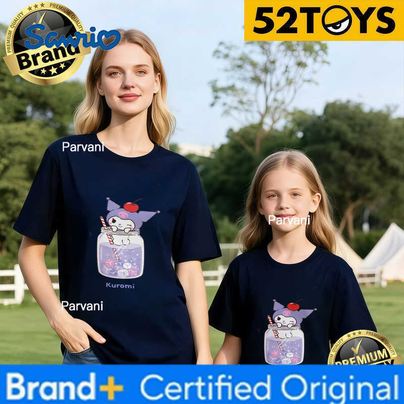 Sanrio 2026 Summer Family Must-Have 52TOYS Kuromi Drink Jar Print T-Shirts 100 Cotton High Quality Parent-Child Tees Single Piece Y2k H260302