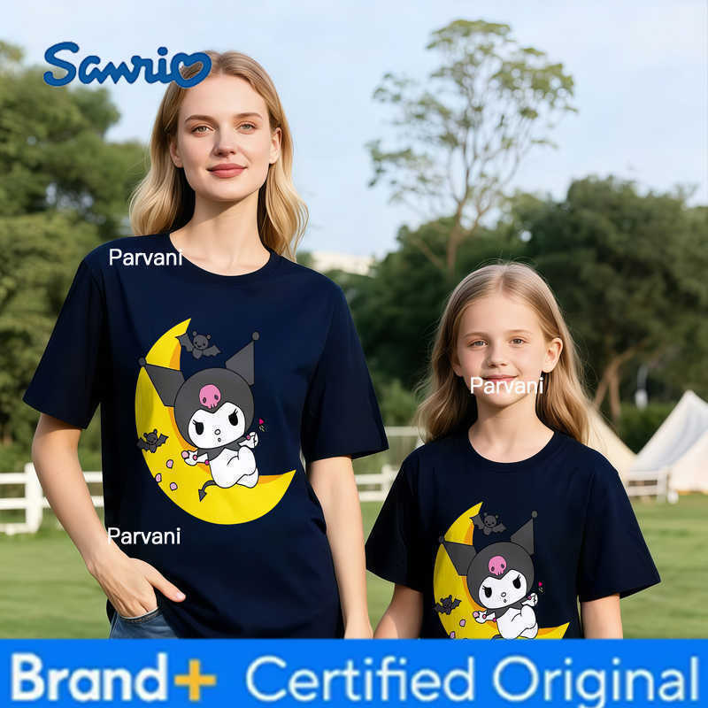 Sanrio 2026 Summer Kuromi Retro High-Quality 100 Cotton Mens T-shirt Oversized Cute Moon Bat Print Top Unisex Family Matching H260302