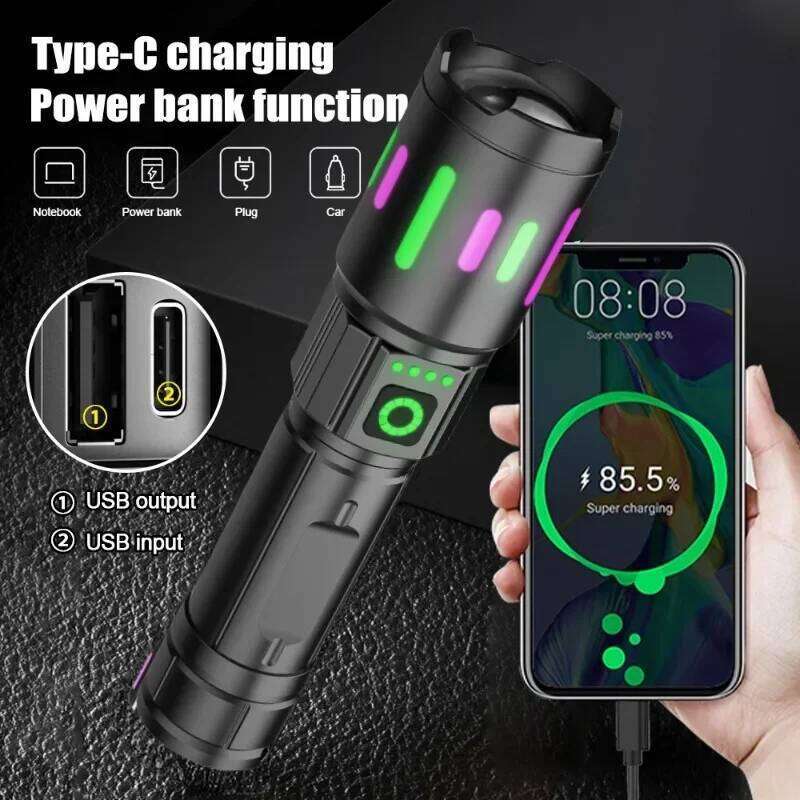 High Power Rechargeable LED Flashlight Long Range 2000M Zoom Torch Light with Luminous Strips for Outdoor Camping Z260301