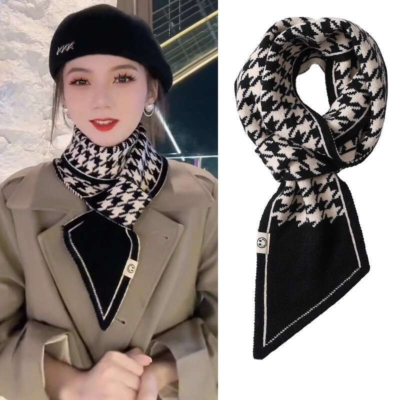 Fashionable Knitted Scarf Houndstooth Narrow Long Strip Design Outdoor Home Use Versatile Warm Decorative Autumn Winter Women Korean Style Daily Fashi