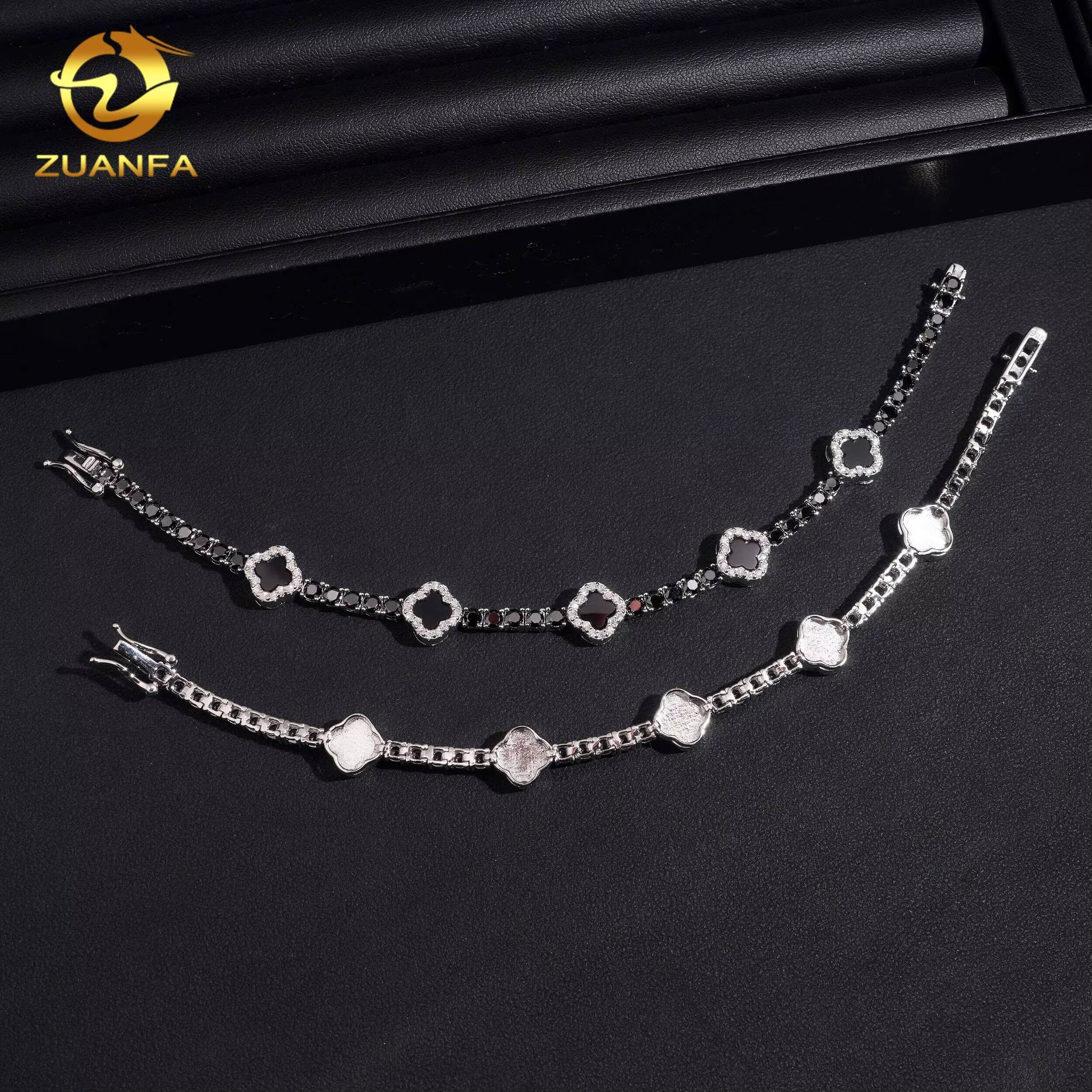 USA Local Stock 3mm Diamond Black Agate Iced Out Bracelet Hip Hop Jewelry 925 Silver Black VVS Moissanite Clover Tennis Bracelet