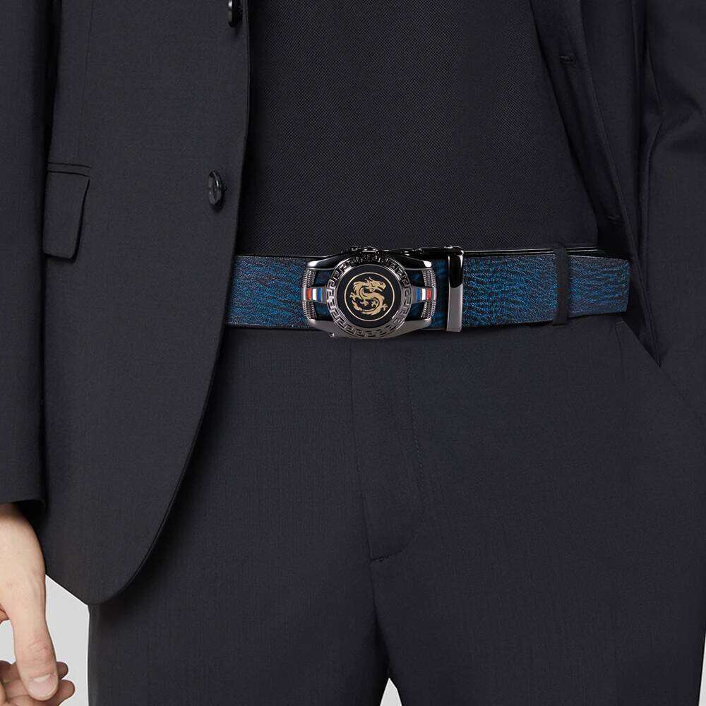 Hi-Tie Navy Blue Genuine Leather Mens Belts Dragon Automatic Buckles Ratchet Adult Waist Belt for Men Dress Jeans Adjustable XXL S260228