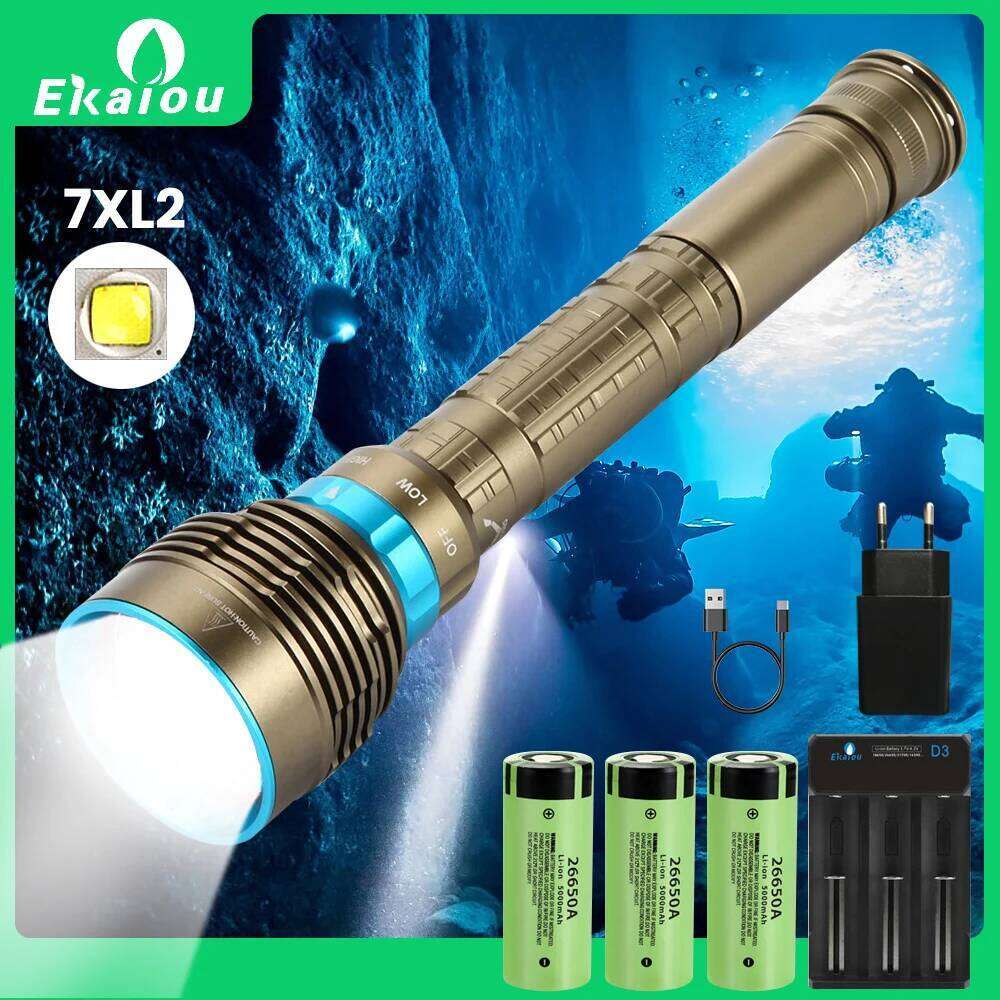 Ekaiou Diving Flashlight 7 LED T6 L2 White Yellow Light Powerful Profession Underwater Waterproof Dive Hunting Fishing Lamp Z260301