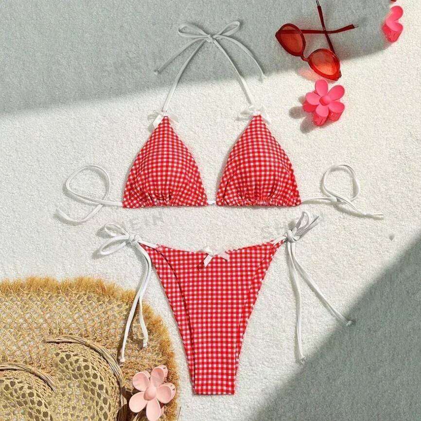 Red Plaid String Halter thong Micro Bikini for Women Mini Swimwear Lace-up Sexy Swimsuit Bathing Suit Triangle Bikinis Sets 2026 Z260301