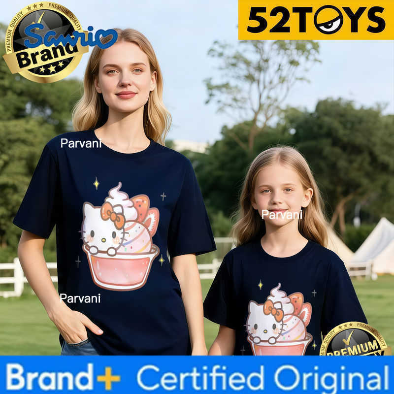 Sanrio 2026 Autumn-Winter Trending Hello Kitty Ice Cream Cup Print 100 Cotton Parent-Child T-Shirts High Quality Loose Casual Y2k H260302