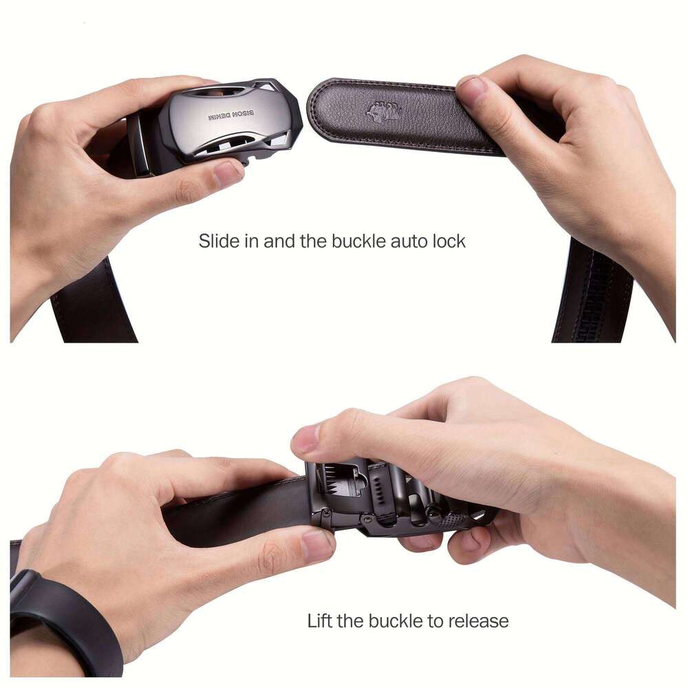 BISON DENIM Men's Automatic Buckle Belt Genuine Leather Male Belts Luxury Brand Business Casual Strap for Jeans 3.4 Width S260228