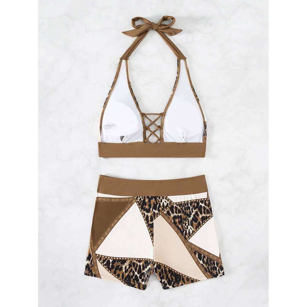 Leopard Print Solid Color Bikini Set Criss Cross Back & Adjustable Tie Side Sexy Two Piece for Beach Summer Holiday Beachwears Z260301