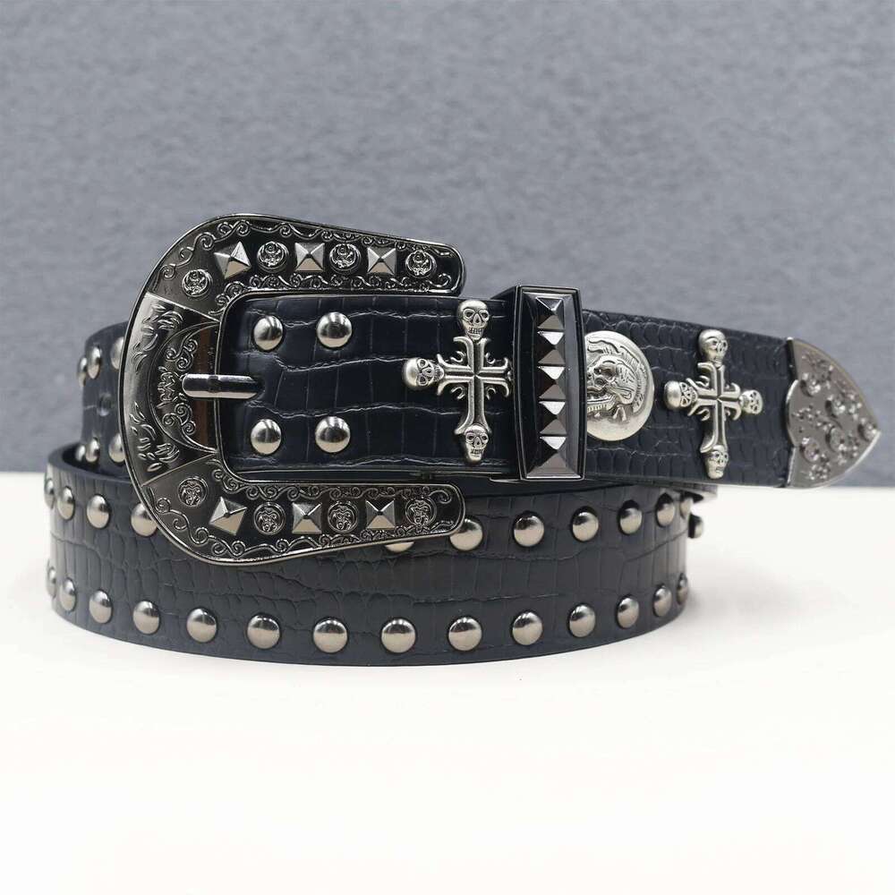 Y2K Punk Cross skull Rivet Belt Goth Pu Leather Belts For Women Jeans Pants Boys And Girls Students S260228