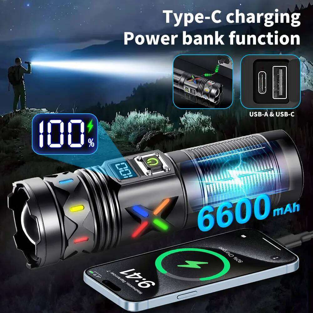 6600MAH High Bright White Light Laser Aluminum Alloy Torch Hiking Telescopic Zoom Flashlight Outdoor Camping Lantern Z260301