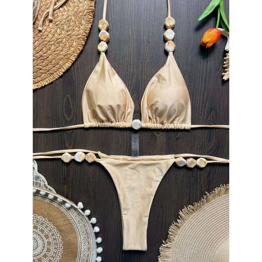 2025 Sexy Bead Swimwear Women Swimsuit Beach Halter V Neck Bikini Set Beachwear Summer Bathing Suit Z260301