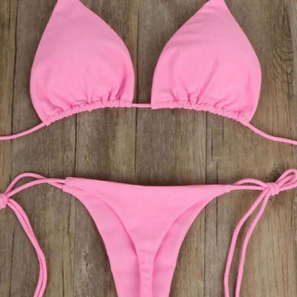 2 Pcs/Set 2024 Bikini Solid Color Halter Neck Strap Thong Women Swimsuit Set for Beach Z260301