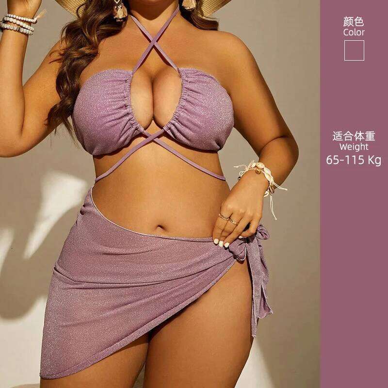 Genuine Plus Size Swimsuit Bikini, Sexy Three-point Gold Powder Lavender Three-piece Set, Seaside Vacation Strap Clothign Set Z260301