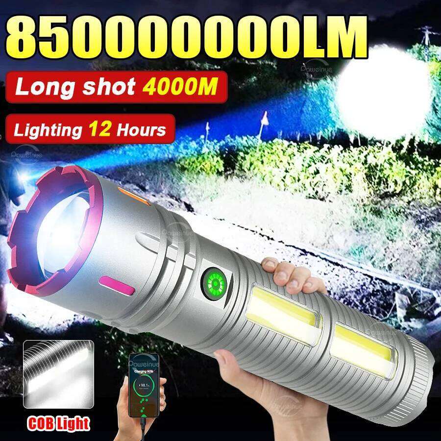 Most Powerful LED Flashlight 15000mAh Rechargeable Flashlights 18650 COB Light Long Range 4000M Tactical Torch Fishing Lantern Z260301