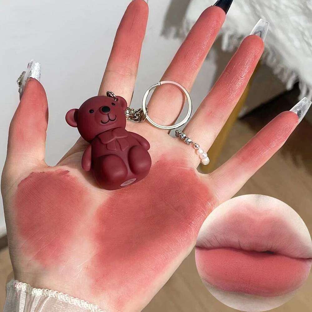 Keychain Design Cute Bear Matte Lipstick Velvet Glaze Sexy Red Lip Gloss Women Long Lasting Lip-Tint Mud Cosmetics H260302