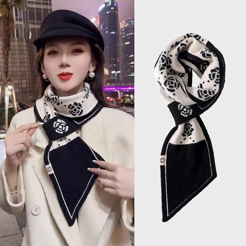 Fashionable Knitted Scarf Houndstooth Narrow Long Strip Design Outdoor Home Use Versatile Warm Decorative Autumn Winter Women Korean Style Daily Fashi