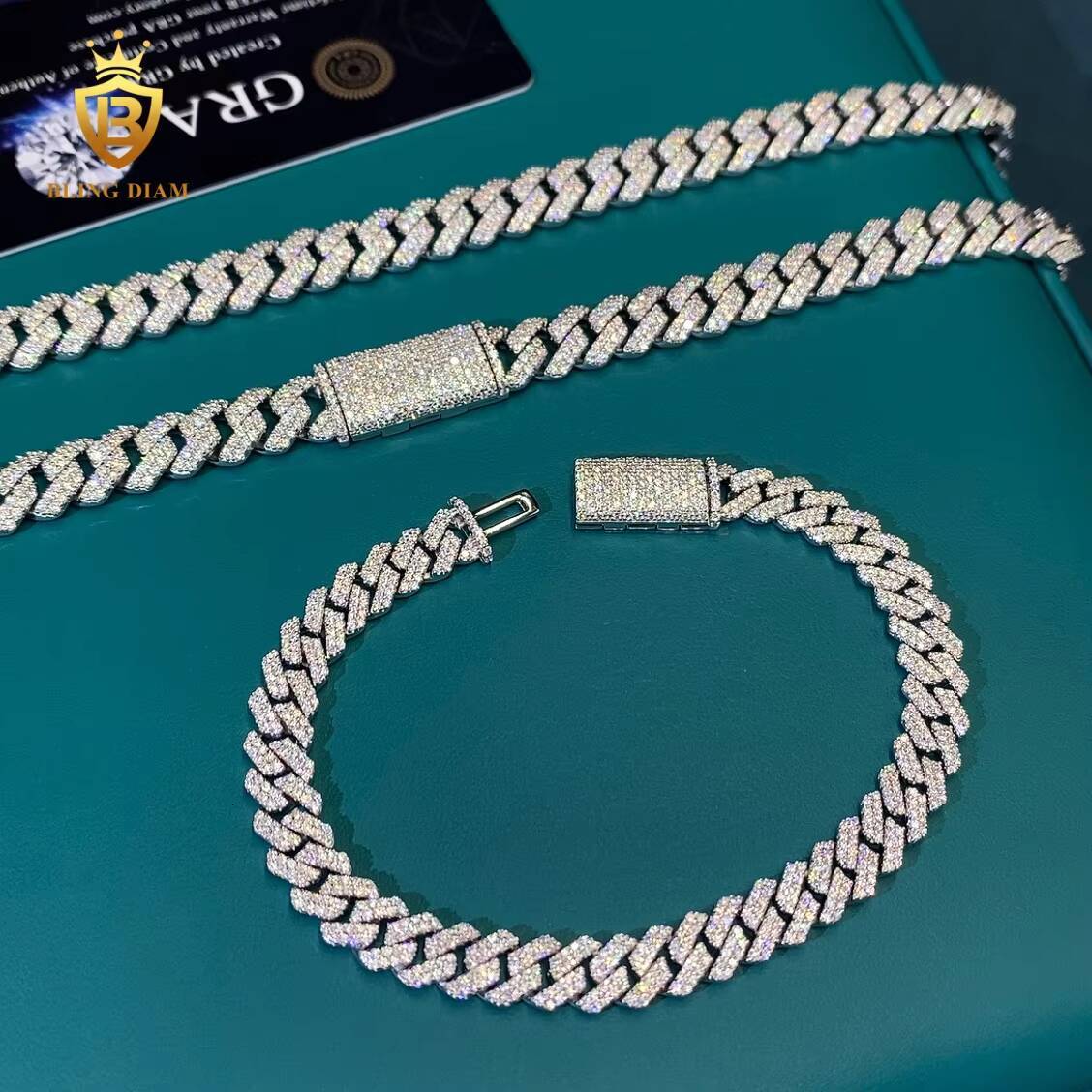 Hot Selling 925 Silver Chains 8mm 10mm Cuban Chain Moissanite Bracelets Vvs Moissanite Chain Hiphop Men Moissanite Cuban Link