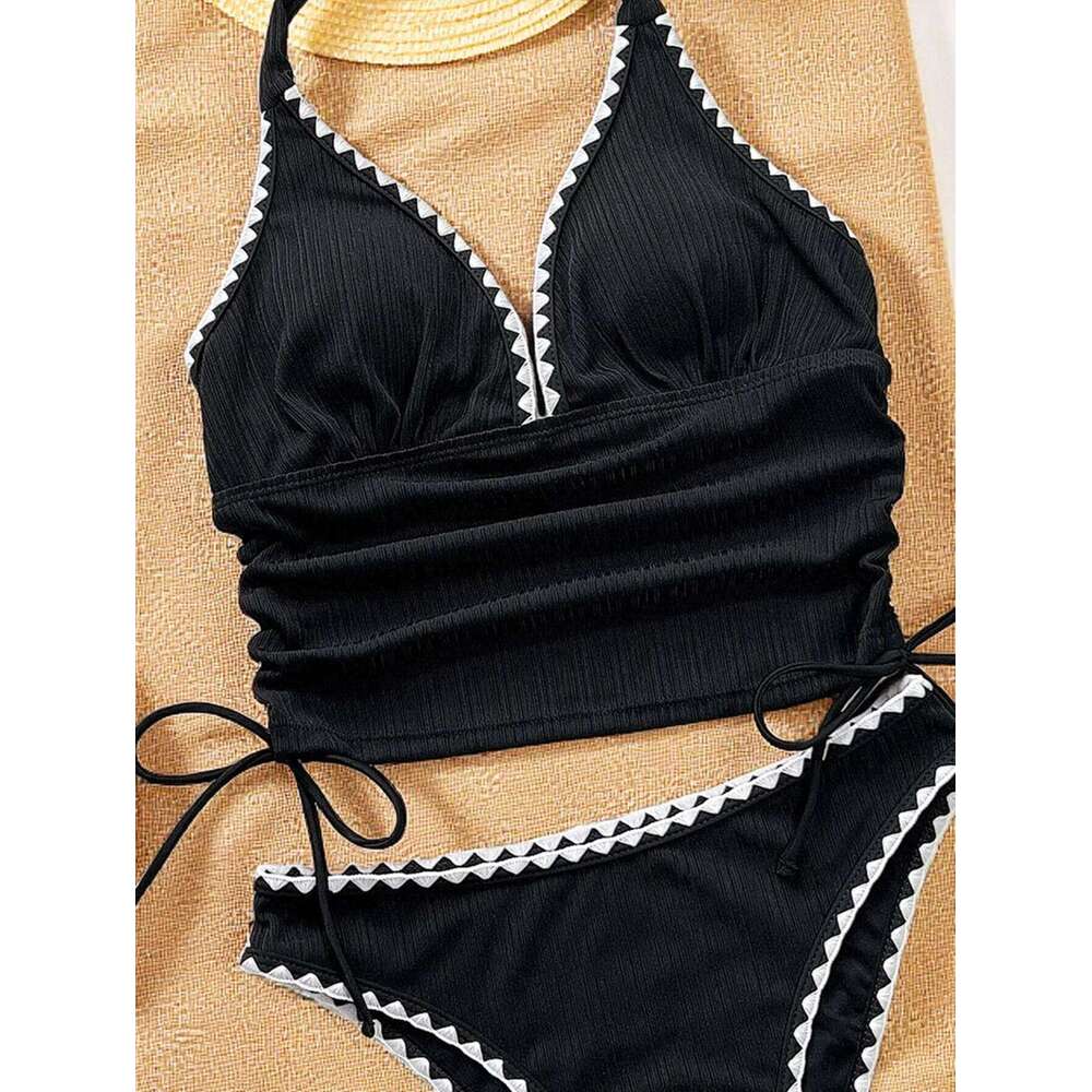 sexy white black patchwork bikinis sets two pieces deep v-neck drawstring vest swimsuits beachwear bathing suit swimwear biquini Z260301