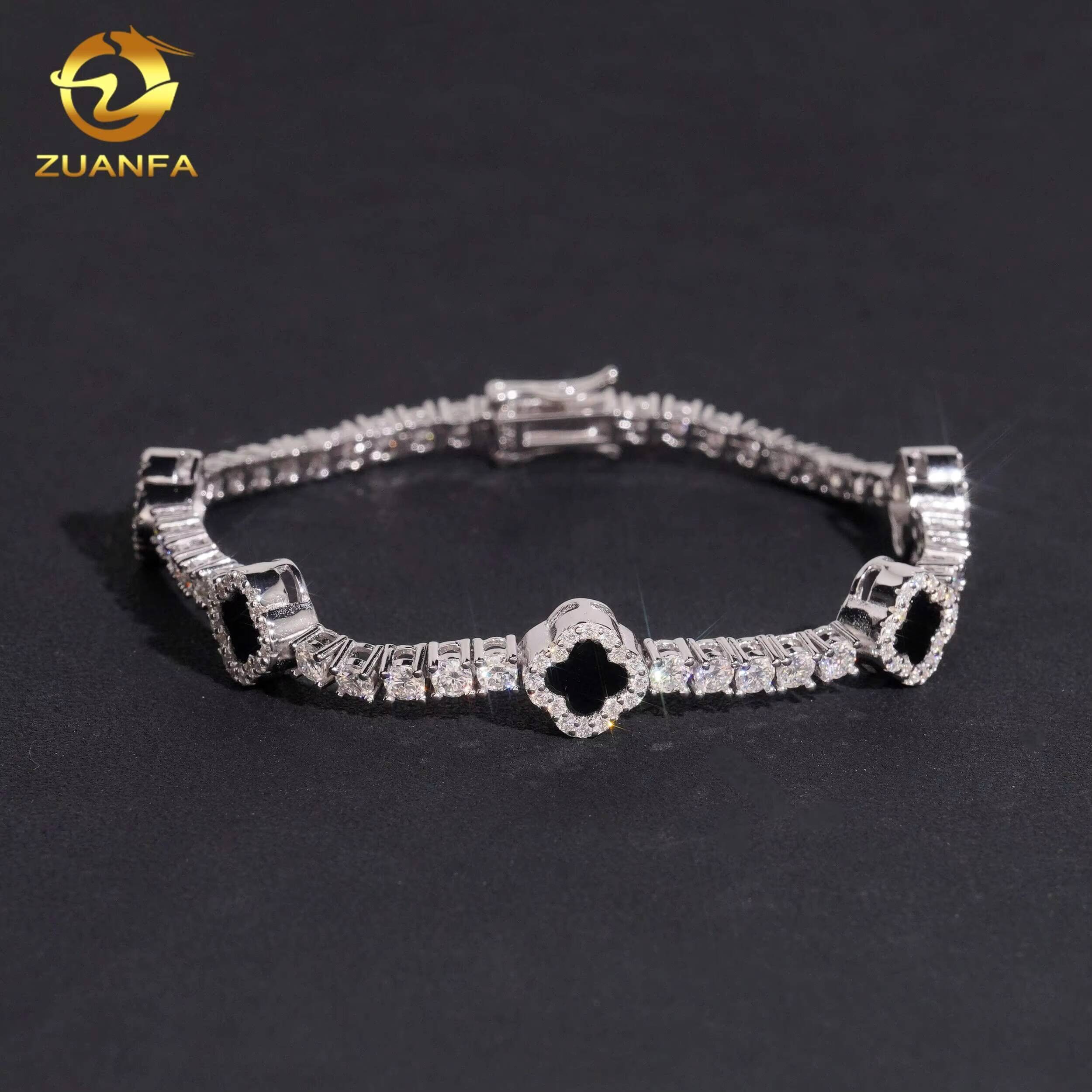 Fast Shipping Hip Hop Gift Iced Out Clover 3mm 925 Sterling Silver VVS Moissanite Tennis Bracelet