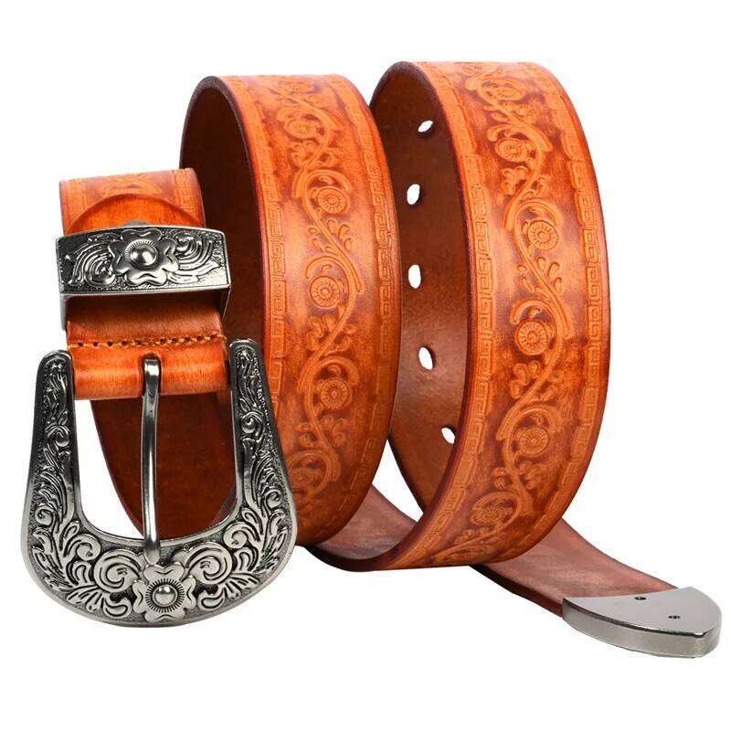 3.8cm Width Men Genuine Leather Vintage Luxury Print Pin Buckle High Quality Cowskin Cowhide Strap Jeans Belt S260228