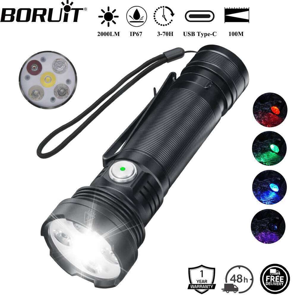 BORUiT ET28 Multicolor UV LED Flashlight 2000LM Super Bright Type-c Rechargeable Torch Waterproof Camping Fishing Lantern Z260301