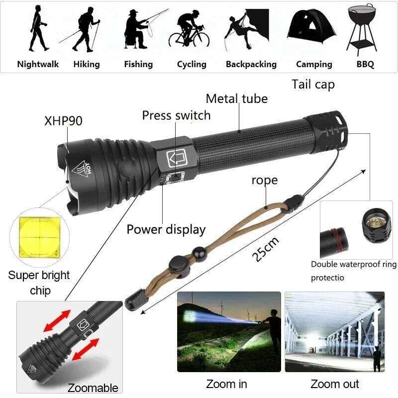 Most Powerful XHP90 LED Flashlight 100000LM USB Rechargeable Zoom Lantern Waterproof Hand Lamp Outdoor Camping Tactical Torch Z260301