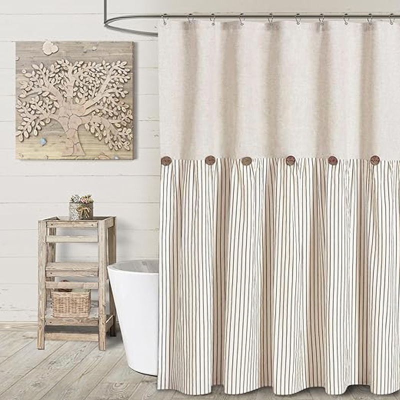 YL-18866 Button-embellished skirted bathroom shower curtain, cotton and linen waterproof, available in button and linen bathroom curtain styles.