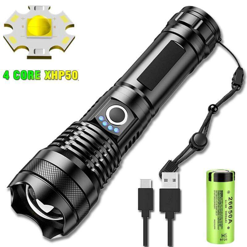Super Bright LED Flashlight USB Rechargeable with Battery Display Torch Zoomable Suitable for Outdoor Camping Hunting Z260301