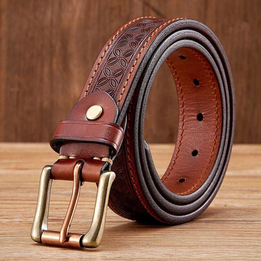 3.3cm Thick Wild Cowskin Men Belt High Quality Genuine Leather Brass Buckle Retro Strap Male Jeans Luxury Designer Belts for Man S260228