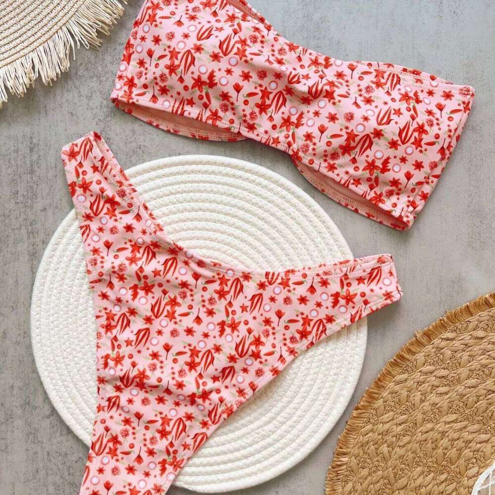 2025 New Sexy Flowers Print Thong Strapless Women Swimwear Female Swimsuit 2 Pcs Bikini Set Bather Bathing Suit Beachwear Z260301