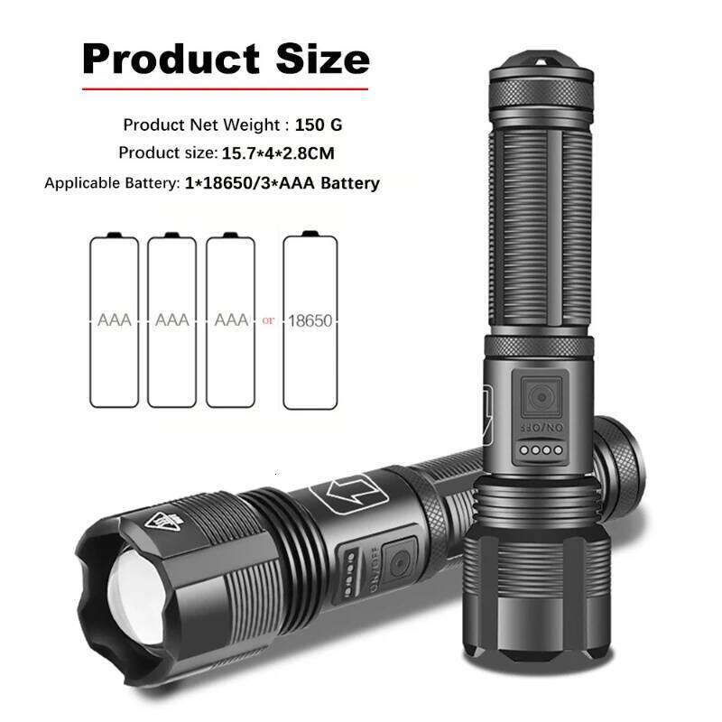 XHP50 Led Flashlight 5 Modes Torch Usb-C Rechargeable 18650 Battery Zoomable Lantern Emergency Lighting for Outdoor Z260301