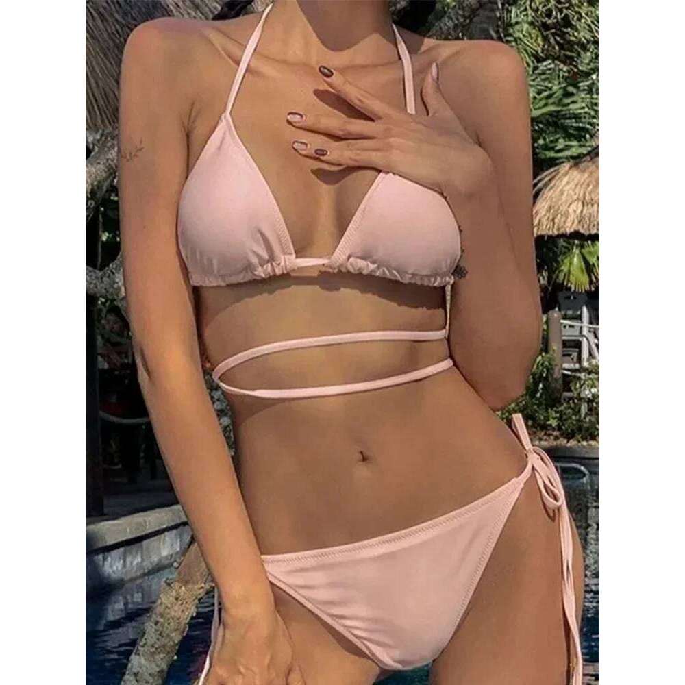 Sexy Laced Up Backless 2 Piece Women Solid Split Swimsuit High Waist Beach 2025 New Summer Swimwear Bikini Set Z260301