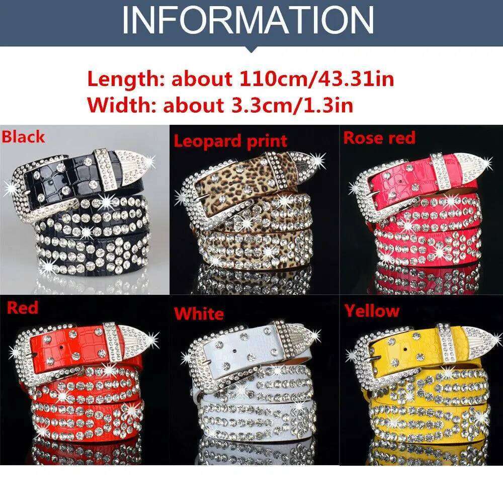 Women Adjustable Studded Rhinestone Belt Waistband Bling Crystal PU Leather S260228