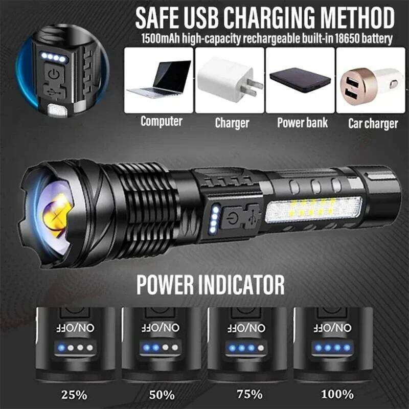 LED Rechargeable Torch High Power Strong Light Flashlight Long Range Tactical Zoom Lamp Outdoor Camping Lantern Z260301