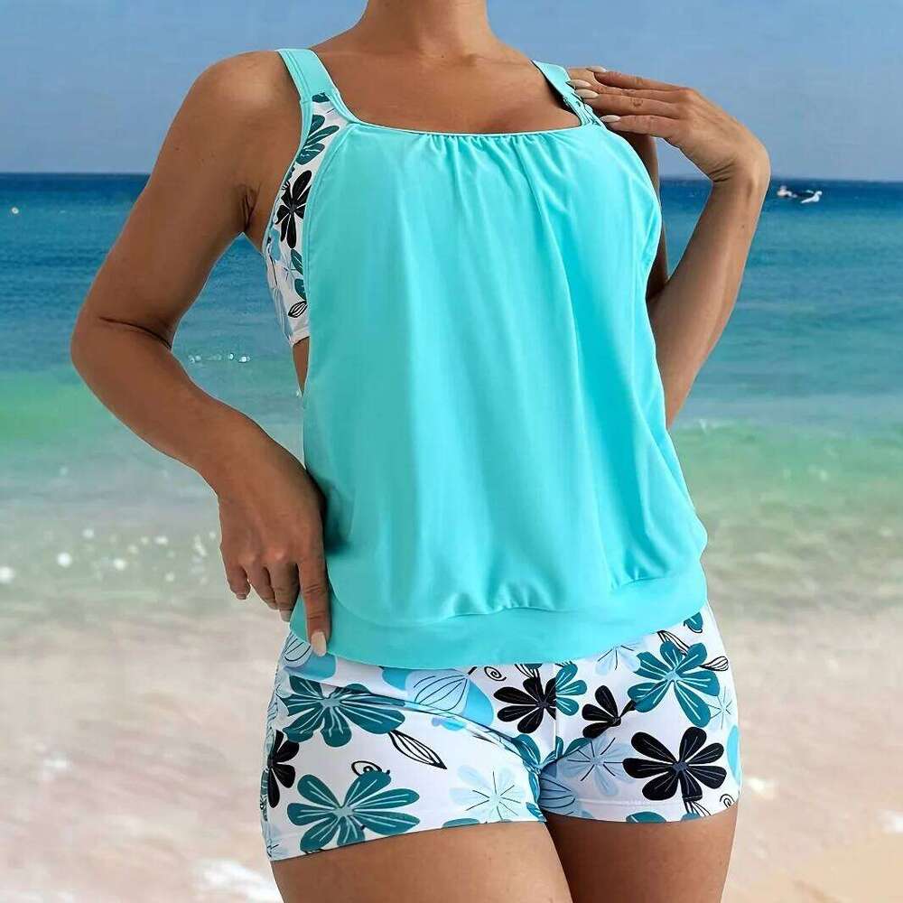 2025 Blue Bikini Set Women's Colorful Print Two Piece Outfits Swimwear High Waist Swim Sexy Beach Bathing Suit Summer Z260301