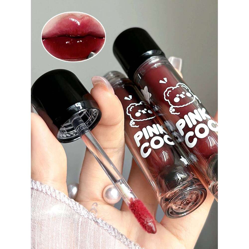 PINKCOCO Bear Doodle Mirror Glaze Long-Lasting Shiny Lip Gloss, -Friendly, Skin-Brightening Nude Lipstick H260302