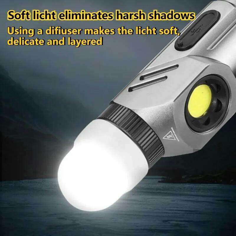 Strong LED Flashlight 90Rotatable USB Rechargeable Dual-Source Light with Magnetic Tail for Outdoor Emergency Use Z260301