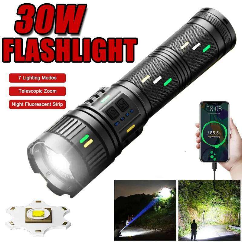 30W High Strong Power Flashlights Tactical Emergency Spotlights Telescopic Zoom Built-in Battery USB Rechargeable Camping Torch Z260301