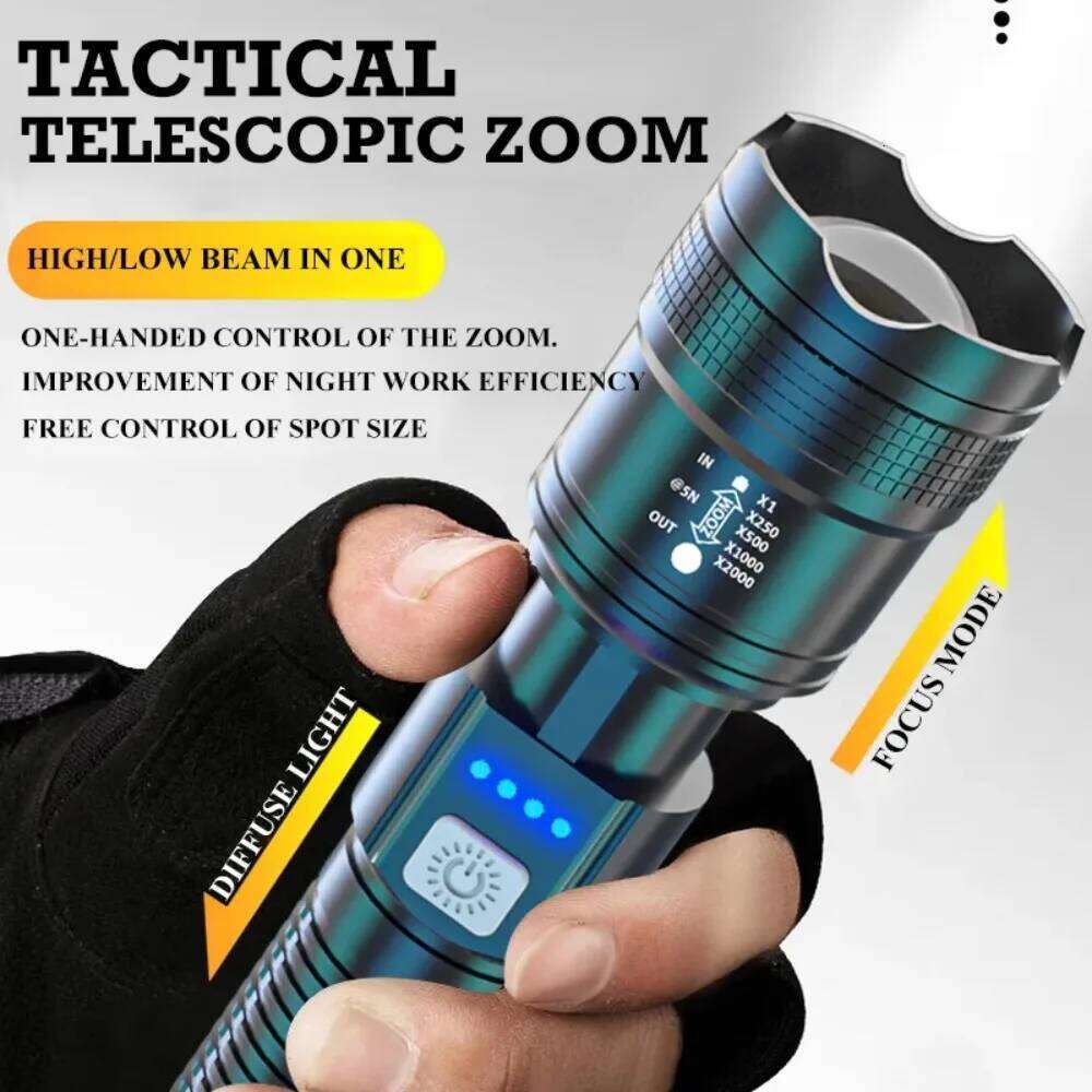 Powerful LED Flashlight USB Rechargeable Torch Super Bright Telescopic Zoom Light with Power Display Outdoor Fishing Lantren Z260301