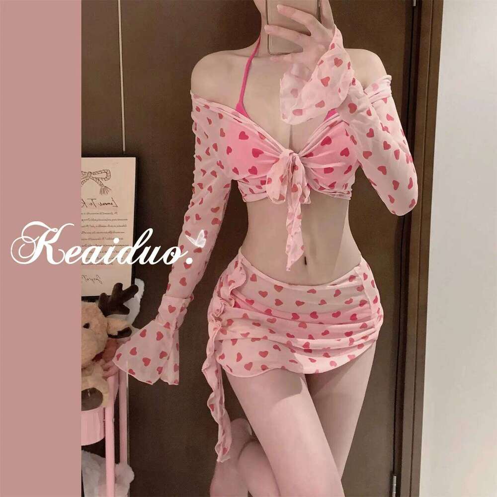 2025 Summer Pink Swimwear Women Sweet 4 Pcs Sets Bathing Suit Beach Holiday Spicy Girl Split Swimsuit Bikini Set Z260301