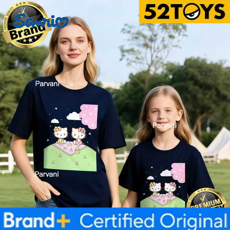 Sanrio 2026 Autumn-Winter Trending Hello Kitty Picnic Print 100 Cotton Parent-Child T-Shirts High Quality Loose Casual Breathable H260302