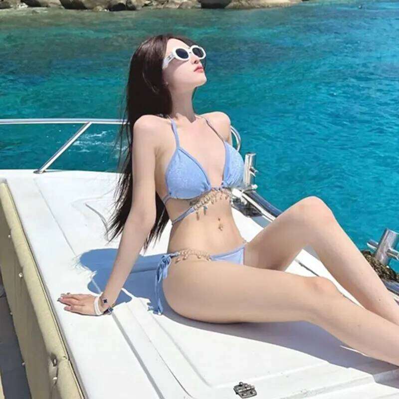 2025 Mermaid Crystal Bikini Set | Rhinestone Halter Triangle Swimsuit with Tie-Side Details, Pure & Sexy Instagram Beachwear Z260301