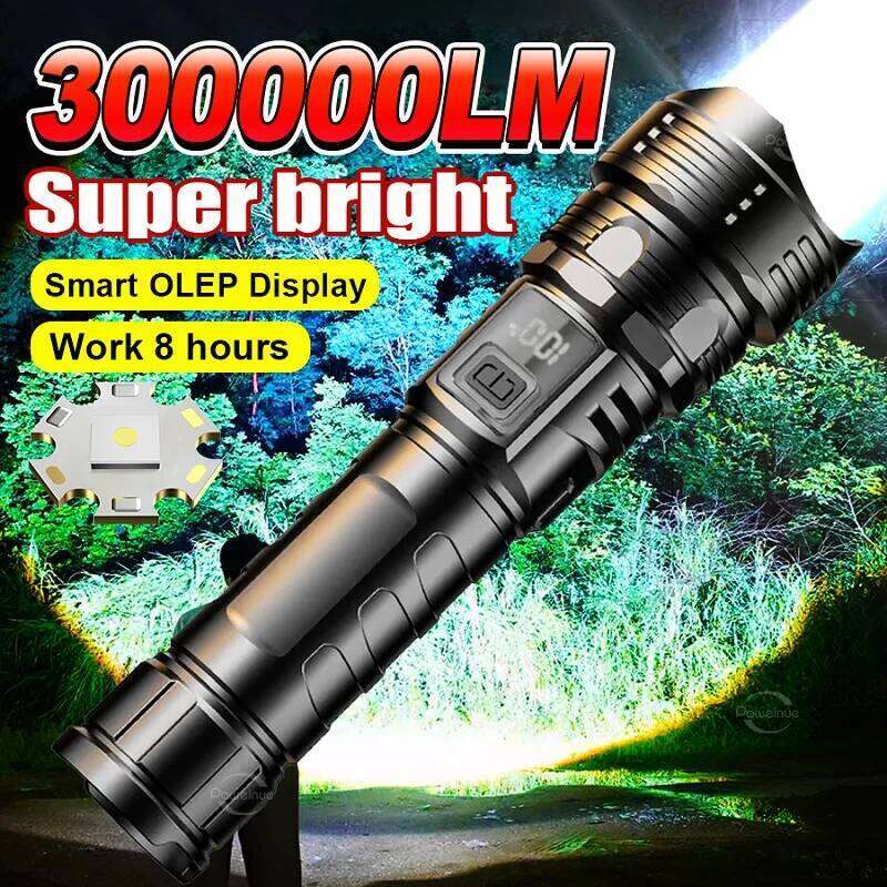 300000 LM High Power Led Flashlight Digital Display Portable USB Rechargeable Lantern Outdoor Tactical Torch Camping Work Lights Z260301