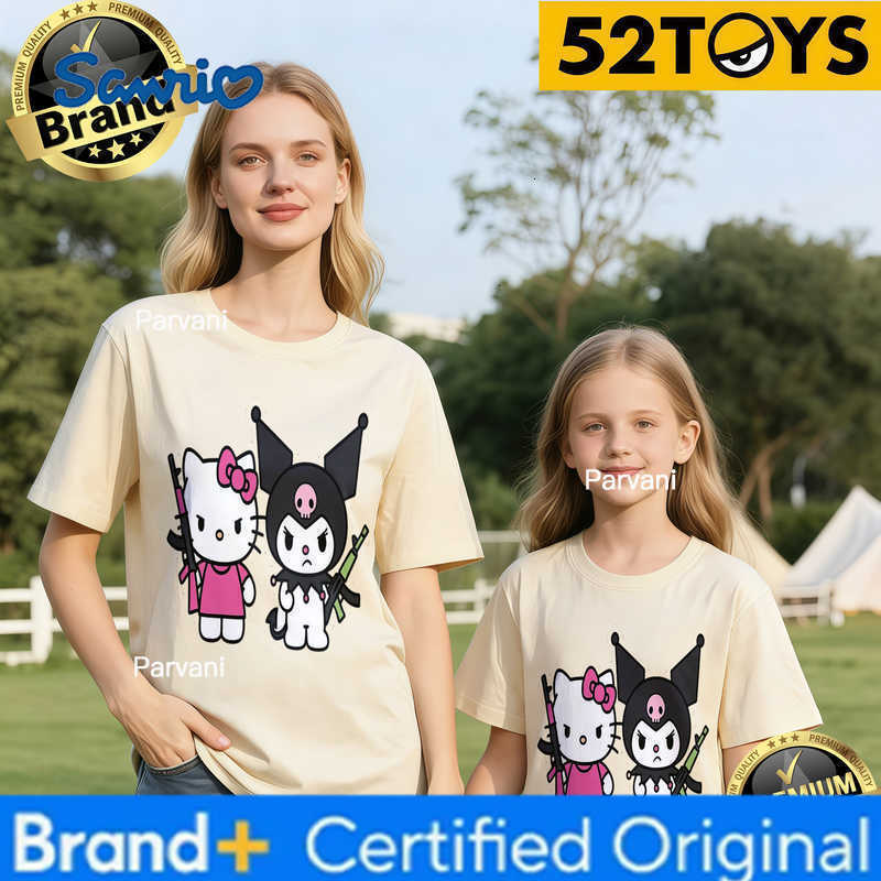 Sanrio 2026 Autumn-Winter Trending Hello Kitty X Kuromi Warrior Print 100 Cotton Parent-Child T-Shirts High Quality Loose Casual H260302