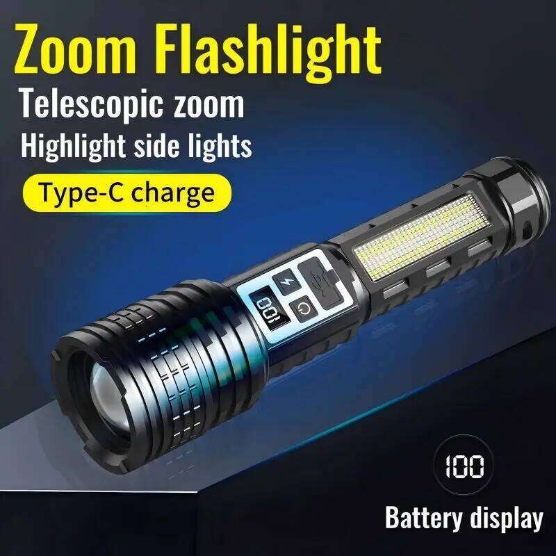 Zoom USB Rechargeable Digital Display Multiple Modes with Side LED Portable Flashlight for Emergency,Outdoor,Car Use Z260301
